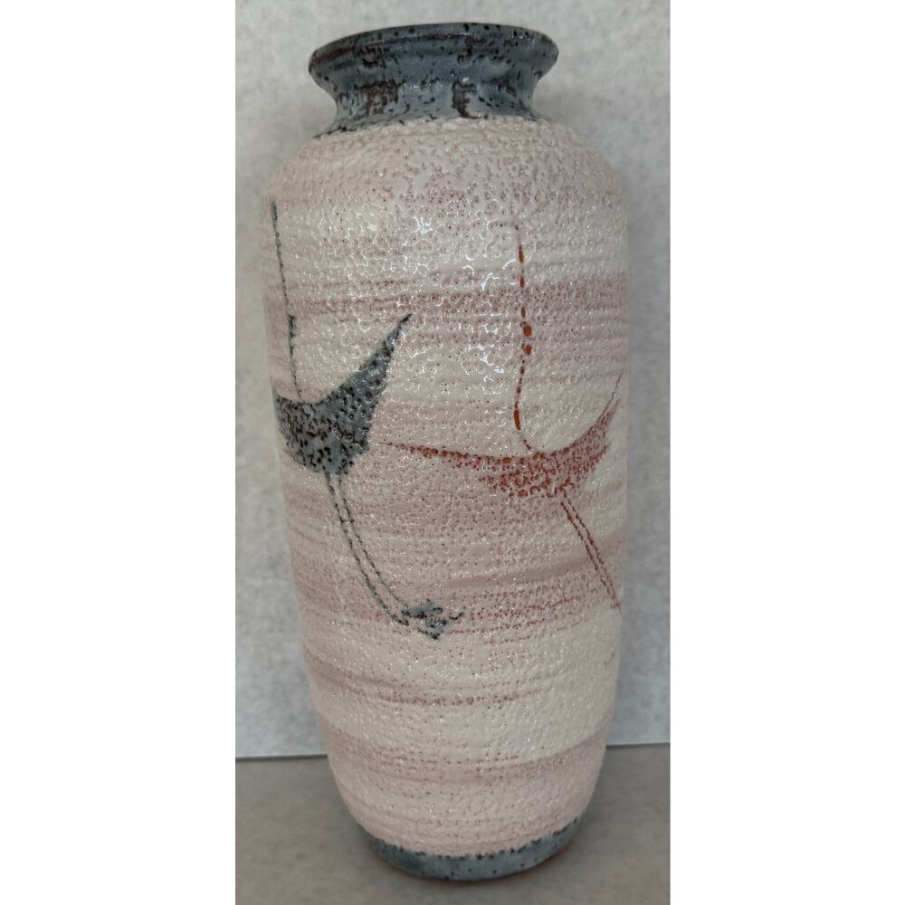 Japanese Pottery Vase, Textured Flying Cranes Design